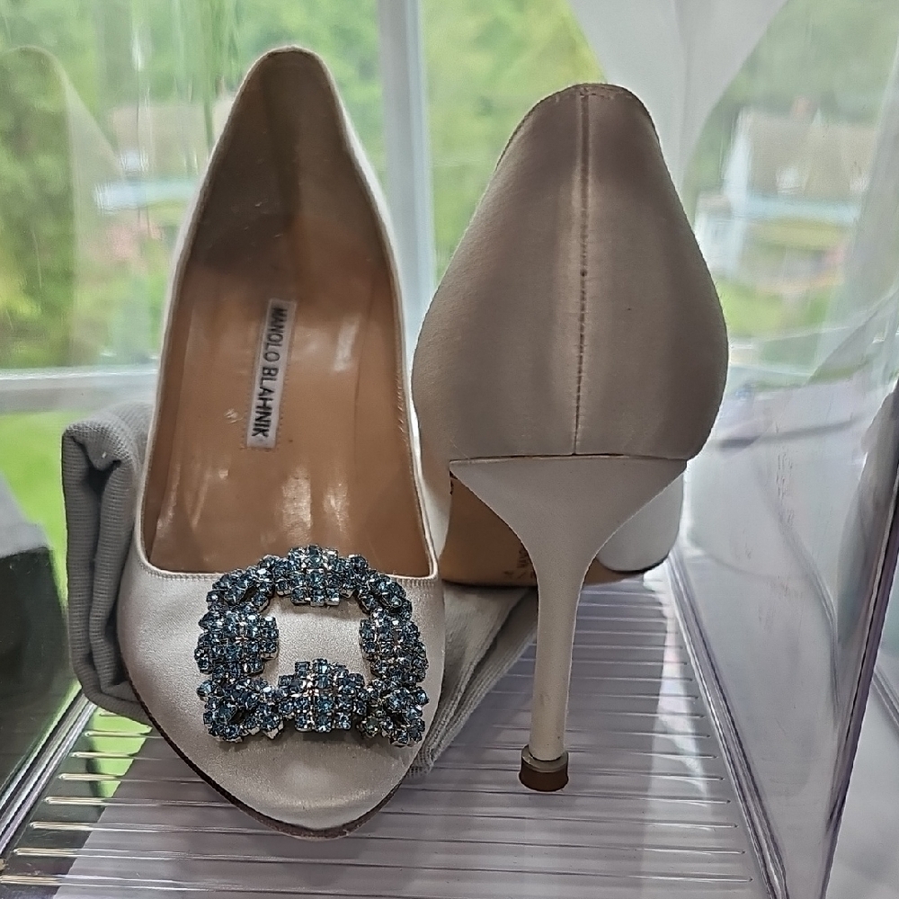 Manolo Blahnik Blue and White Heels with Crystal Detail